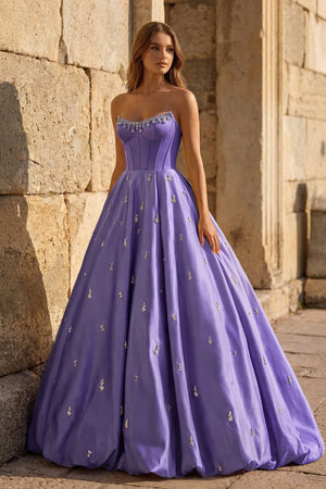 KissProm-Purple Strapless A Line Satin Long Prom Dresses With Beading