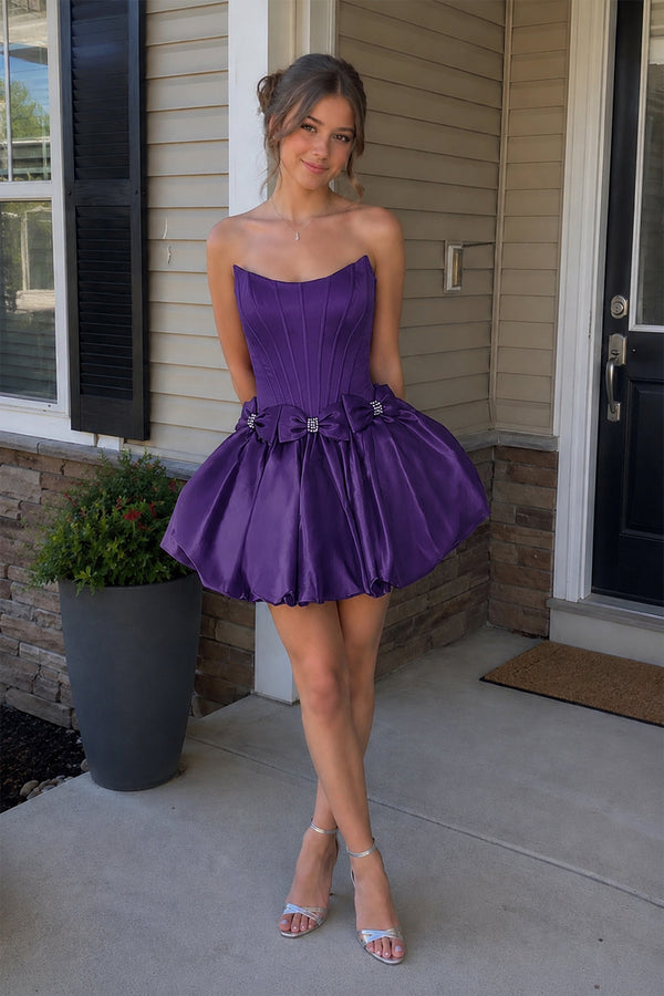 Purple Strapless A Line Satin Short Homecoming Dresses With Bow (2) | KISSPROM