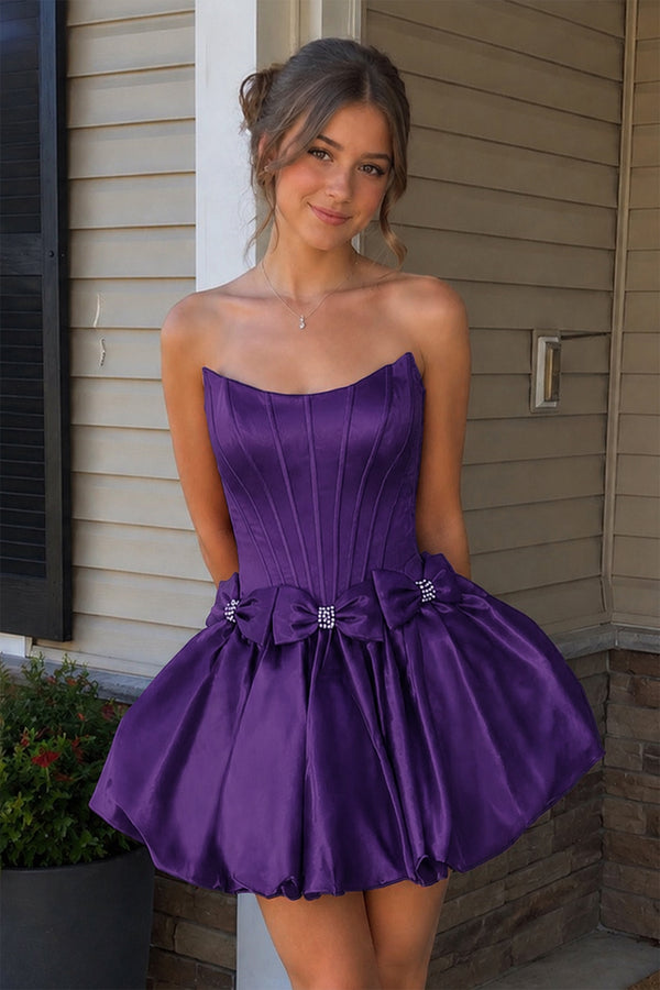 Purple Strapless A Line Satin Short Homecoming Dresses With Bow | KISSPROM