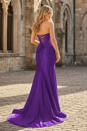 Purple Strapless Mermaid Satin Beaded Long Prom Dresses With Slit - KissProm