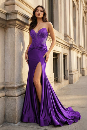 Slate Blue Strapless Mermaid Satin Pleated Long Prom Dresses With Beading - KissProm