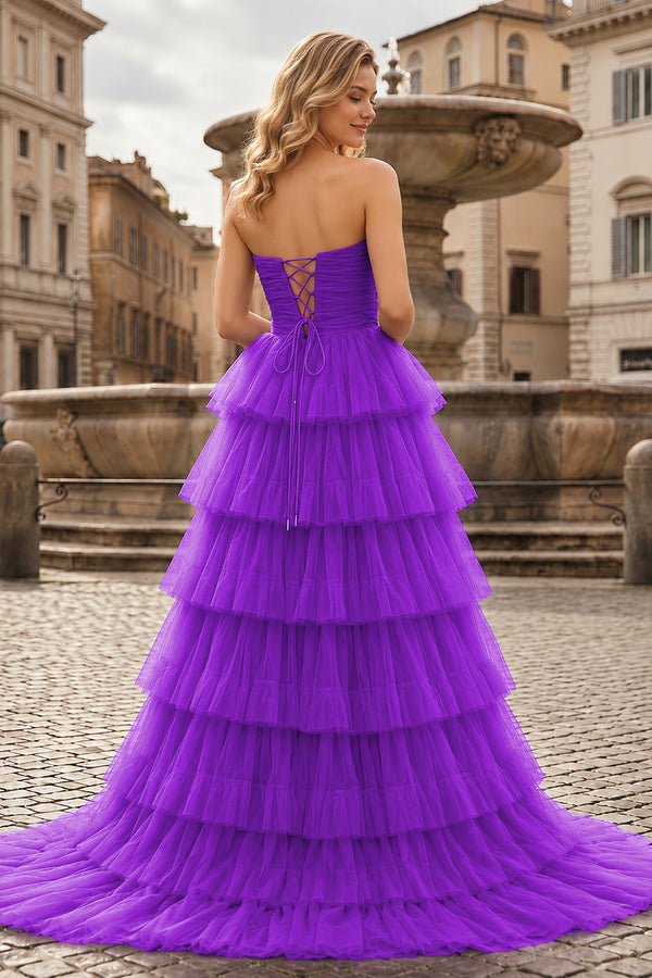 A-Line Strapless Tiered Tulle Prom Dress with Ruffles - KissProm