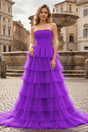 A-Line Strapless Tiered Tulle Prom Dress with Ruffles - KissProm