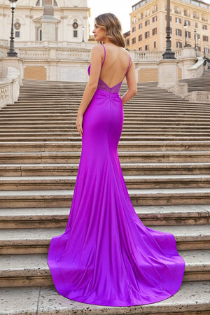 Purple Spaghetti Straps Satin Mermaid Long Prom Dresses with Slit - KissProm
