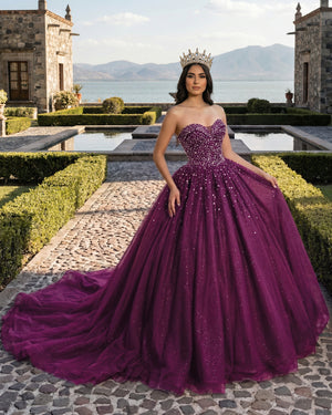 Purple Sweetheart Tulle Quinceanera Dresses With Beadings | KISSPROM