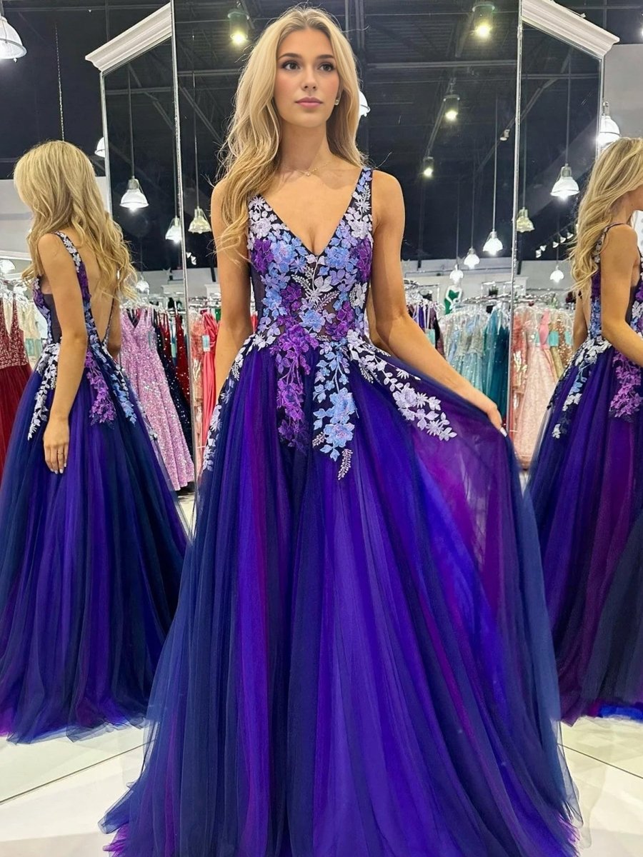 Purple Tulle Appliques V-Neck Open Back Long Prom Dress