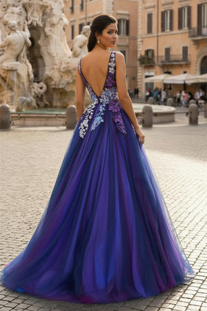 KissProm-Purple Tulle Appliques V-Neck Open Back Long Prom Dress