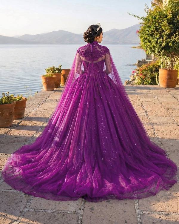 Purple Tulle Ball Gown Prom Dress With Cape (2) | KISSPROM
