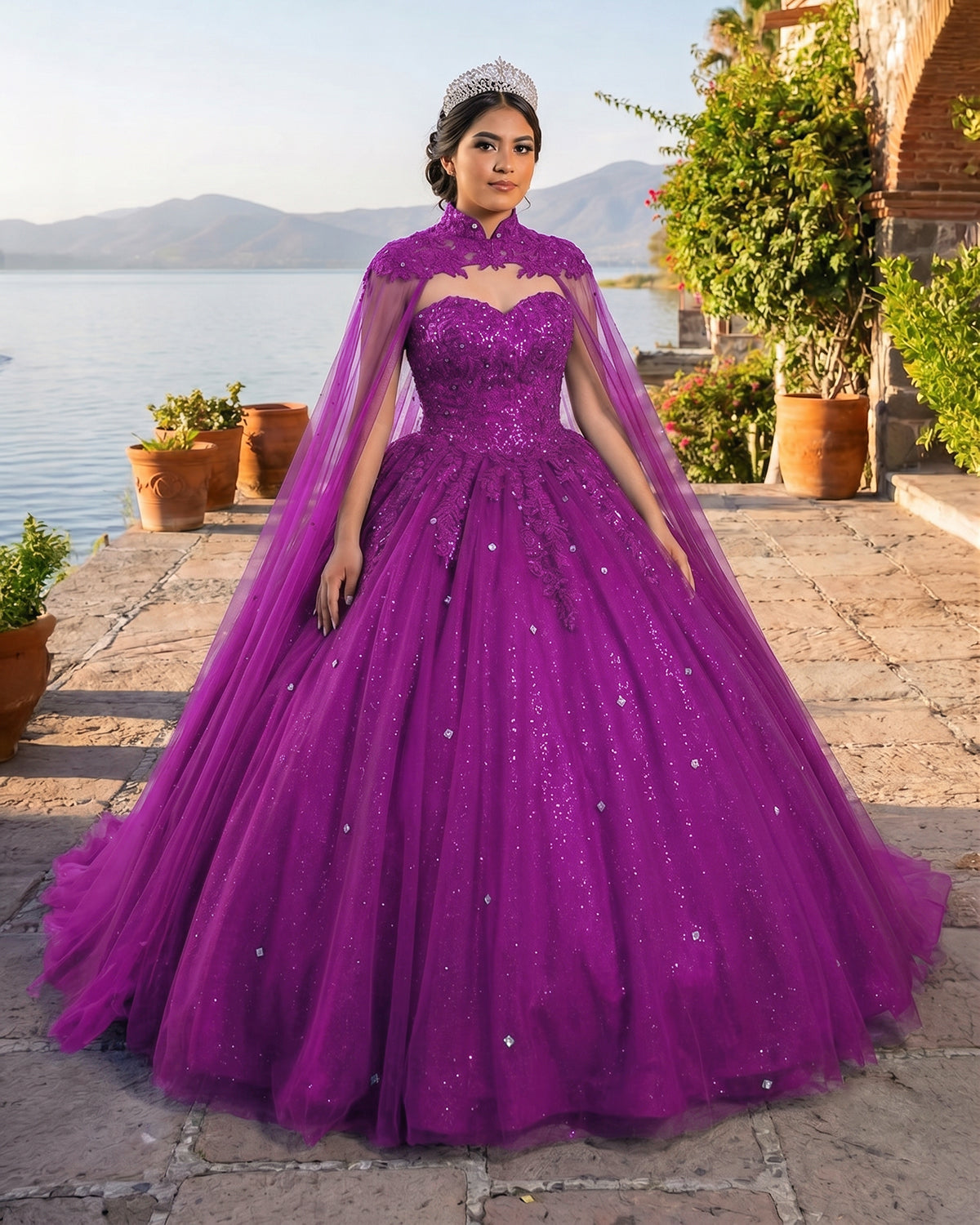 KissProm Royal Blue Tulle Ball Gown Prom Dress With Cape, Purple / 10