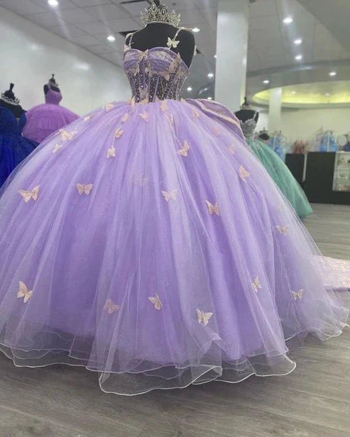 KissProm Lavender Tulle Ball Gown Sweetheart Quinceanera Dress With Butterflies, Lavender / 20