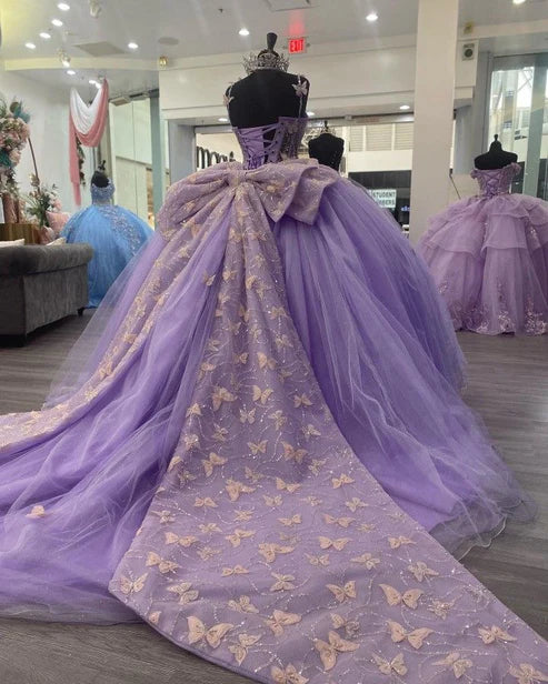 Lavender Tulle Ball Gown Sweetheart Quinceanera Dress With Butterflies