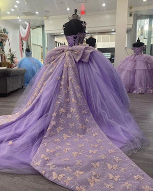 Lavender Tulle Ball Gown Sweetheart Quinceanera Dress With Butterflies, Lavender / 20 Lavender Tulle Ball Gown Sweetheart Quinceanera Dress With Butterflies, Lavender / 20