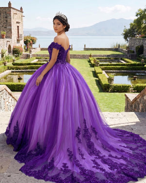 Purple Tulle Off The Shoulder Quinceanera Dress (2) | KISSPROM