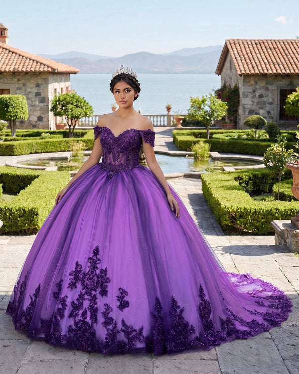 Purple Tulle Off The Shoulder Quinceanera Dress | KISSPROM