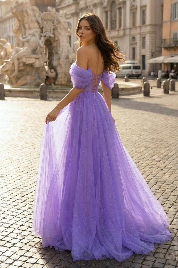 Purple Tulle Long A - Line Prom Dress Off the Shoulder Evening Party Dress - KissProm