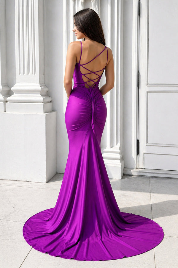 Purple V-Neck Lace-Up Mermaid Long Formal Dress