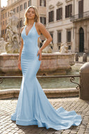 Yellow Mermaid Halter Satin Prom Dresses With Tail Evening Dress - KISSPROM PROM DRESSES