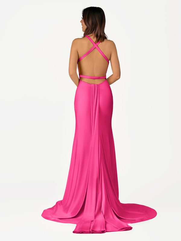 strapless open back dress Red Ruffle Prom Dresses Satin Ruffle V-Neck Mermaid Dresses FD3621   Viniodress