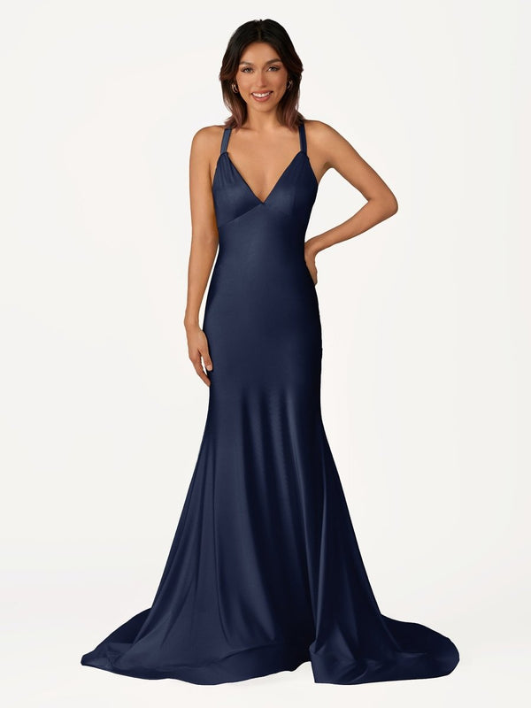 Angela Fuchsia Mermaid V Neck Backless Satin Long Prom Dress Angela Fuchsia Mermaid V Neck Backless Satin Long Prom Dress