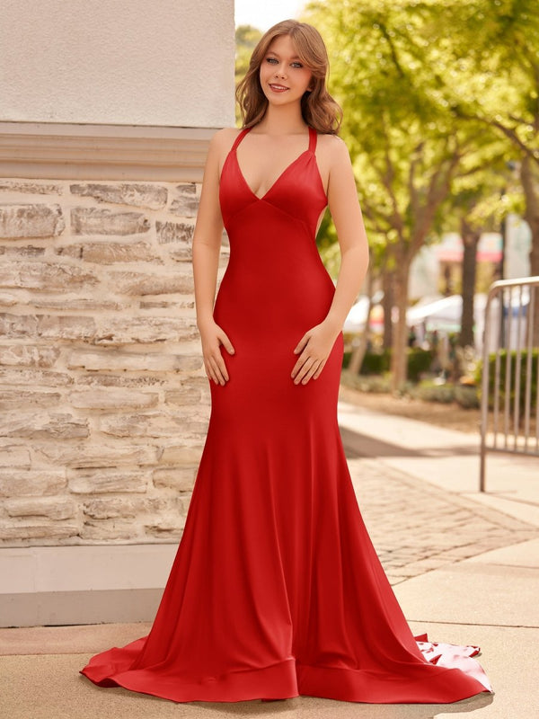Yellow Mermaid Halter Satin Prom Dresses With Tail Evening Dress - KISSPROM PROM DRESSES