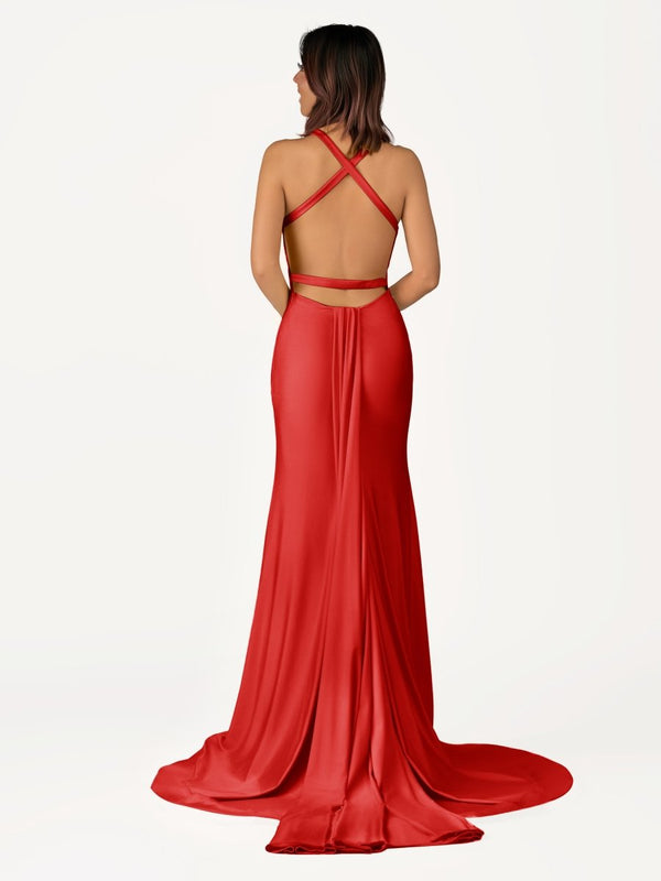 Angela Fuchsia Mermaid V Neck Backless Satin Long Prom Dress