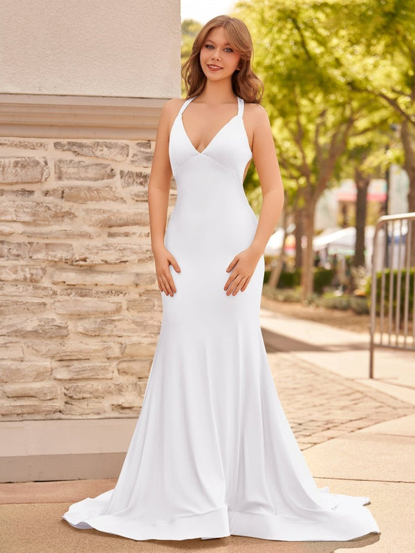 Angela Fuchsia Mermaid V Neck Backless Satin Long Prom Dress White / 10 Angela Fuchsia Mermaid V Neck Backless Satin Long Prom Dress White / 10