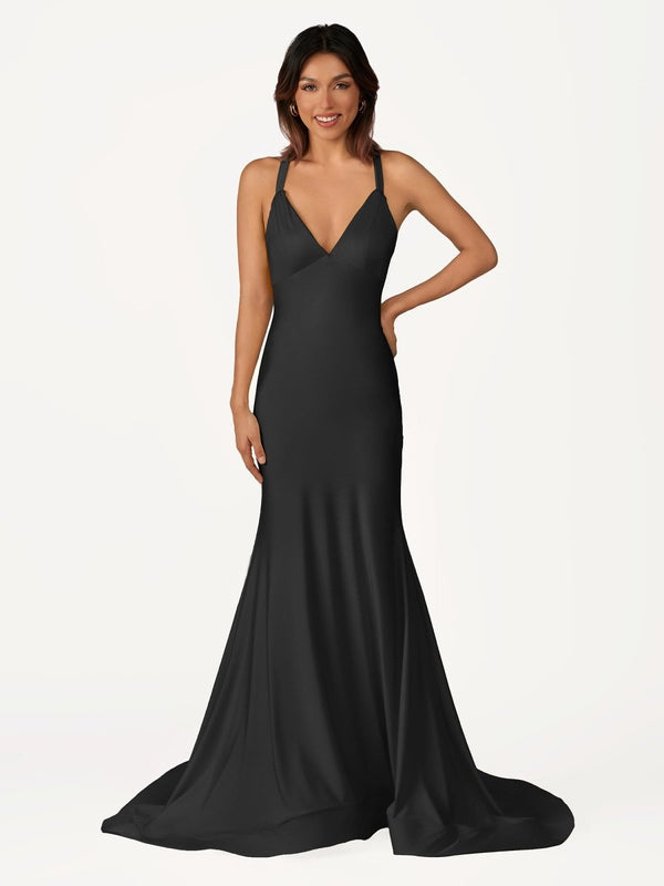 Angela Fuchsia Mermaid V Neck Backless Satin Long Prom Dress Fuchsia / 00
