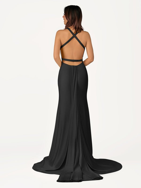 Angela Fuchsia Mermaid V Neck Backless Satin Long Prom Dress