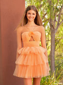 Queena | A Line Tulle Orange Keyhole Halter Short Homecoming Dress with Ruffles - KissProm