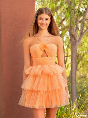 Queena | A Line Tulle Orange Keyhole Halter Short Homecoming Dress with Ruffles - KissProm