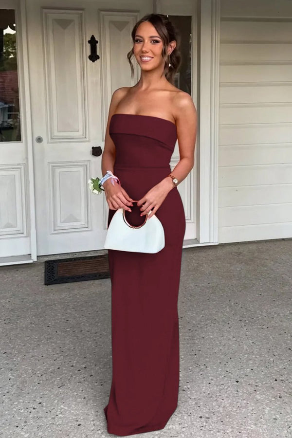 Queenbe | Burgundy - Strapless Sheath Satin Pleated Long Formal Prom Dresses -KissProm