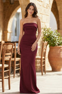 Burgundy Strapless Sheath Satin Pleated Long Formal Prom Dresses - Kissprom