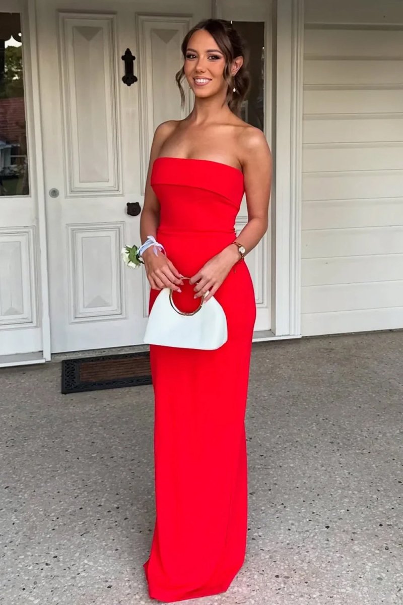 Queenbe | Red - Strapless Sheath Satin Pleated Long Formal Prom Dresses - KissProm
