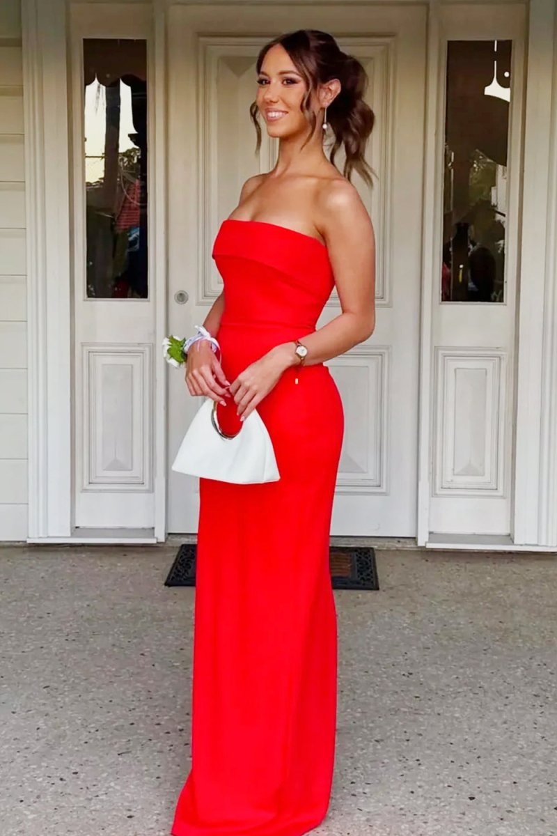 Queenbe | Red - Strapless Sheath Satin Pleated Long Formal Prom Dresses - KissProm
