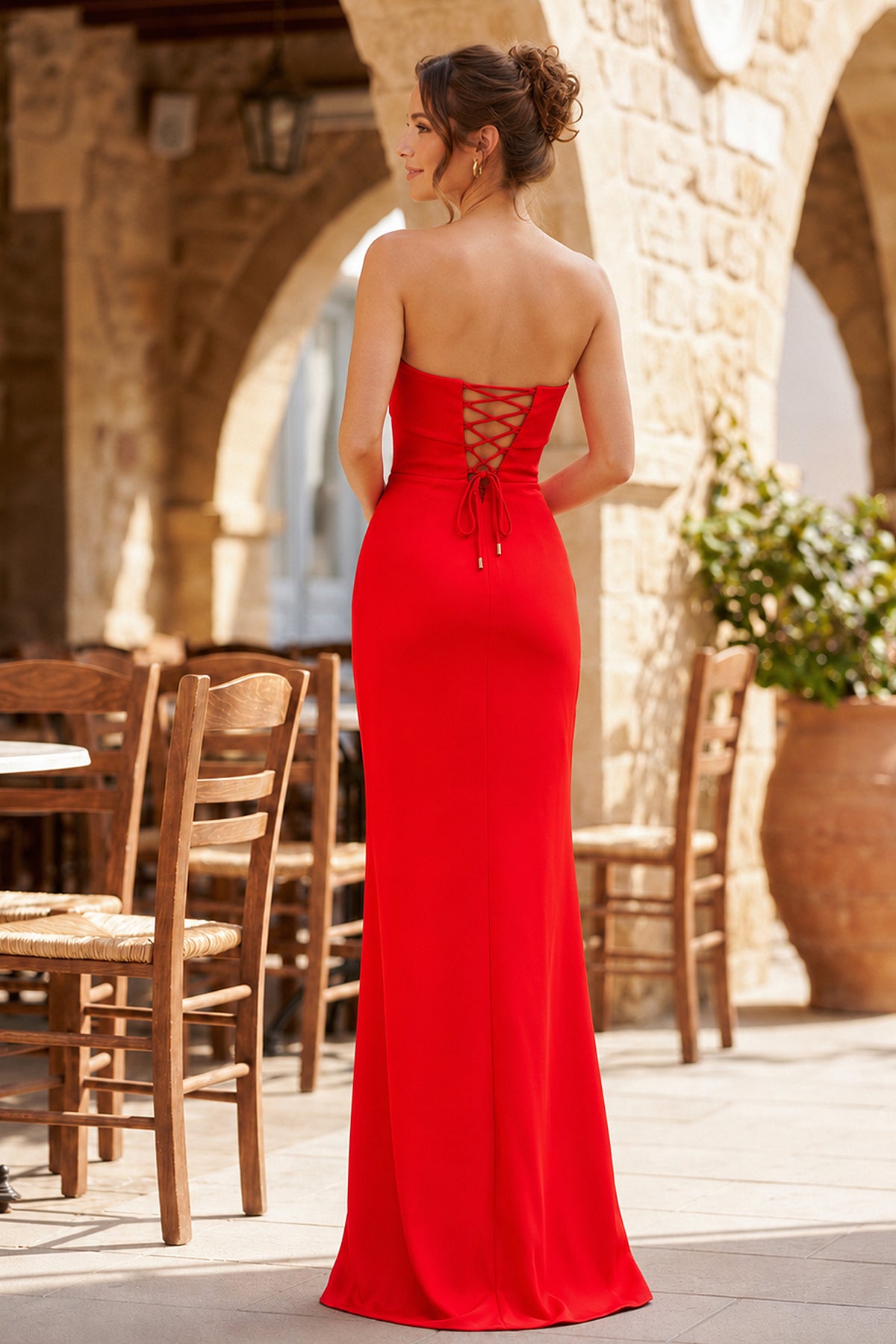 KissProm Red Strapless Sheath Satin Pleated Long Formal Prom Dresses, Red / 8