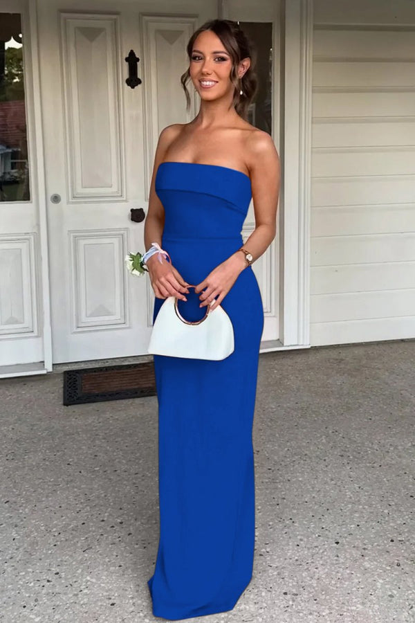 Queenbe | Royal Blue - Strapless Sheath Satin Pleated Long Formal Prom Dresses -KissProm