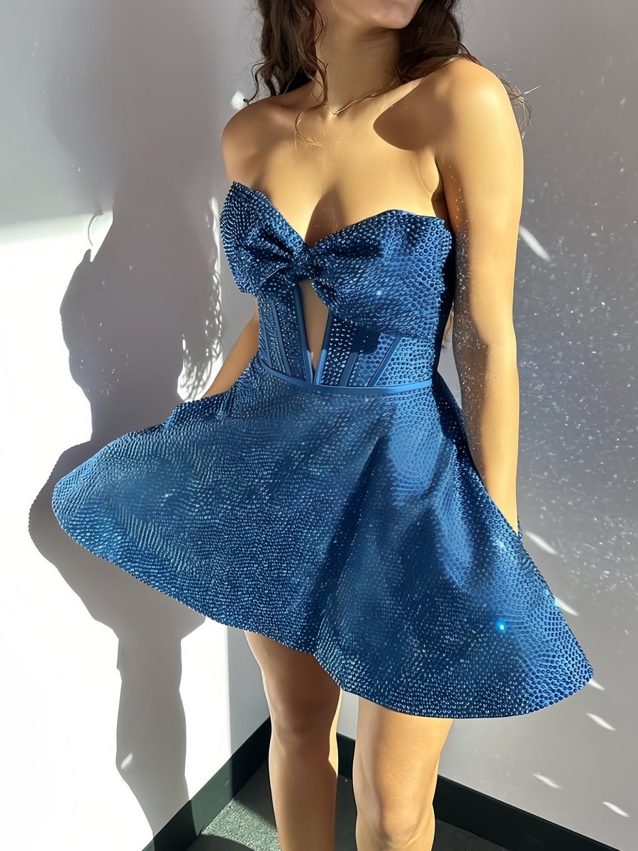 Quenara | Ink Blue - Strapless A Line Beaded Cutout Homecoming Dresses With Bow