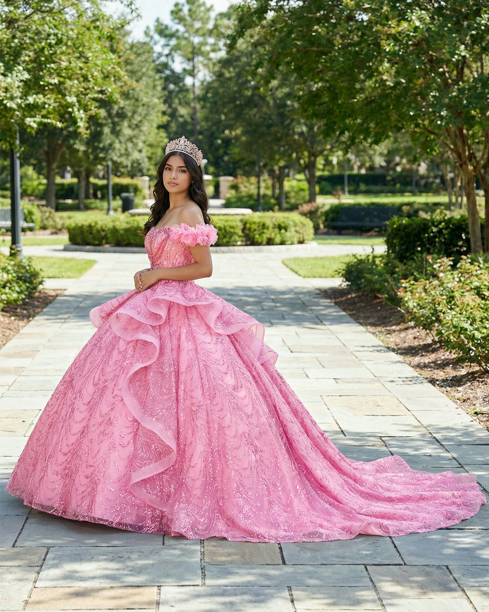KissProm- Pink Quinceanera Dress With Sequins Off the Shoulder Chapel Train
