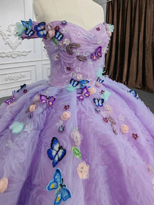 Quinceanera Dresses Off the Shoulder Party Dress Sweetheart Neck Lavender Tulle Ball Gown - KissProm