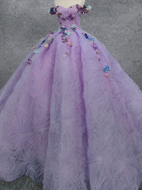 Quinceanera Dresses Off the Shoulder Party Dress Sweetheart Neck Lavender Tulle Ball Gown - KissProm