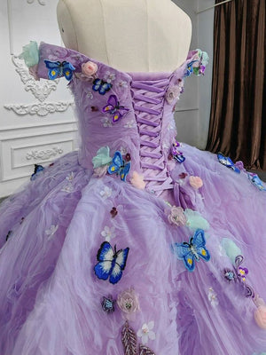Quinceanera Dresses Off the Shoulder Party Dress Sweetheart Neck Lavender Tulle Ball Gown - KissProm