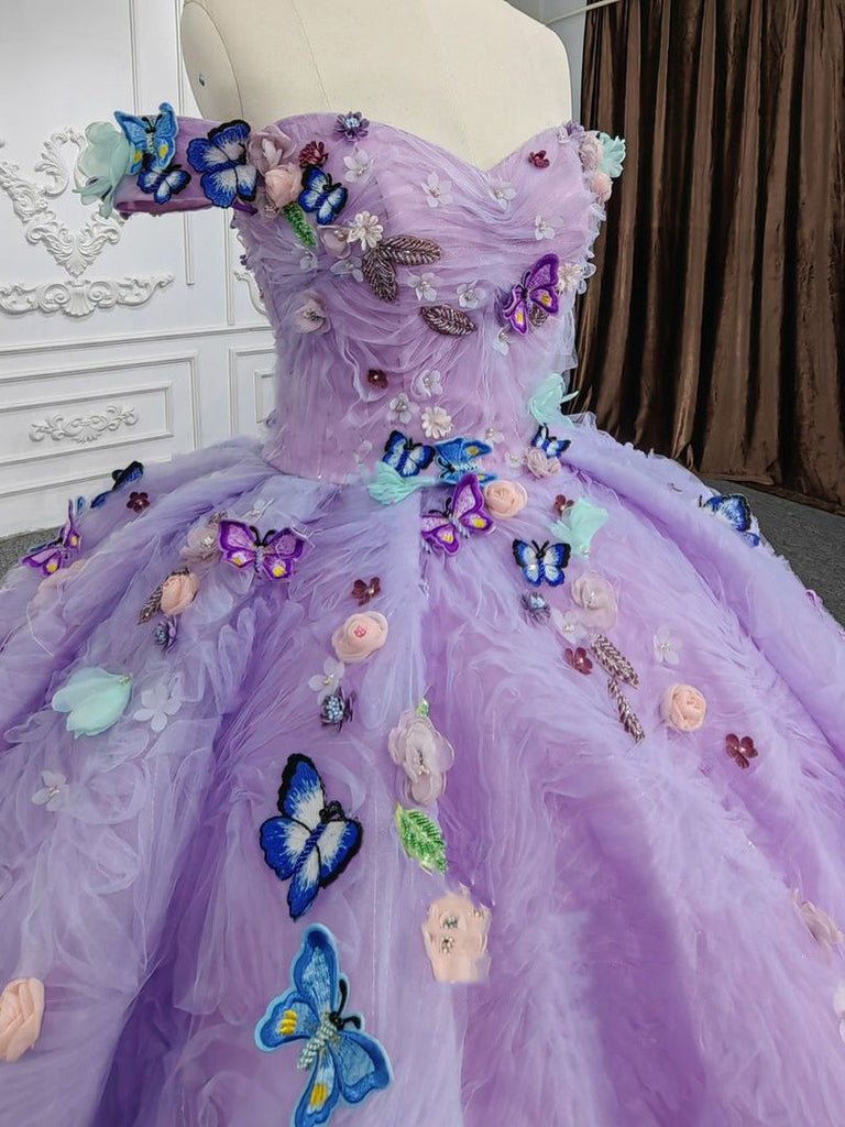 Quinceanera Dresses Off the Shoulder Party Dress Sweetheart Neck Lavender Tulle Ball Gown - KissProm