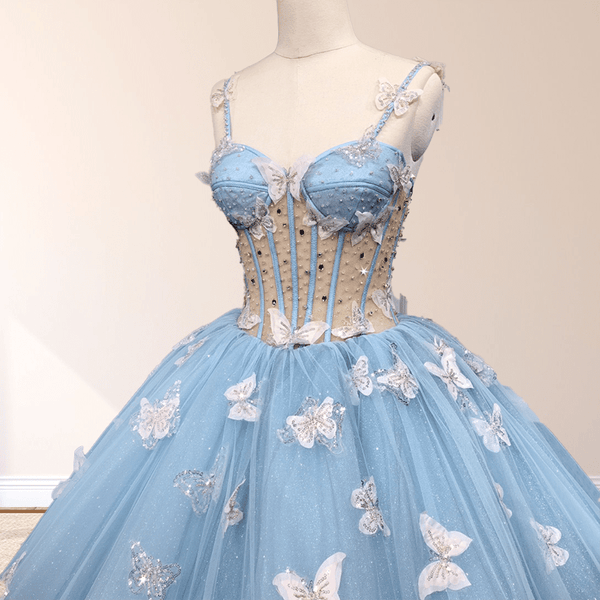 Quinceanera Dresses Spaghetti Straps Beading with 3D Butterfly Appliques