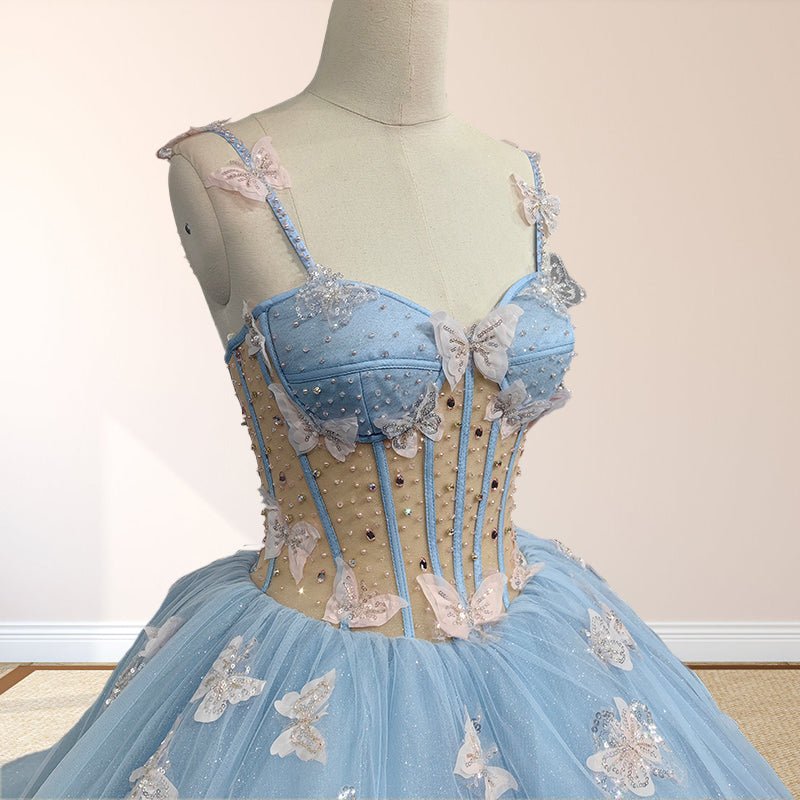 Quinceanera Dresses Spaghetti Straps Beading with 3D Butterfly Appliques, Sky Blue / 8 Quinceanera Dresses Spaghetti Straps Beading with 3D Butterfly Appliques, Sky Blue / 8
