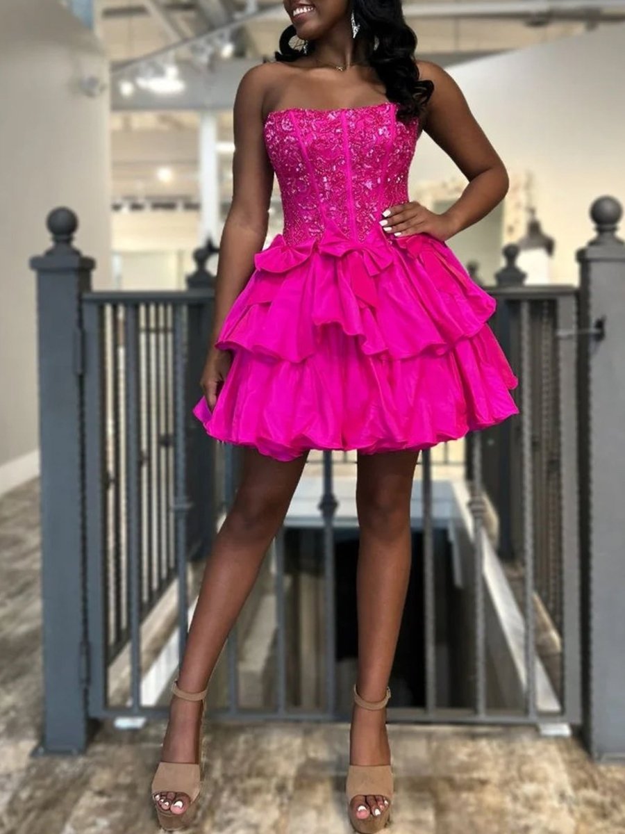 Quincy | Fuchsia - Strapless Sequins A-Line Homecoming Dress With Bow