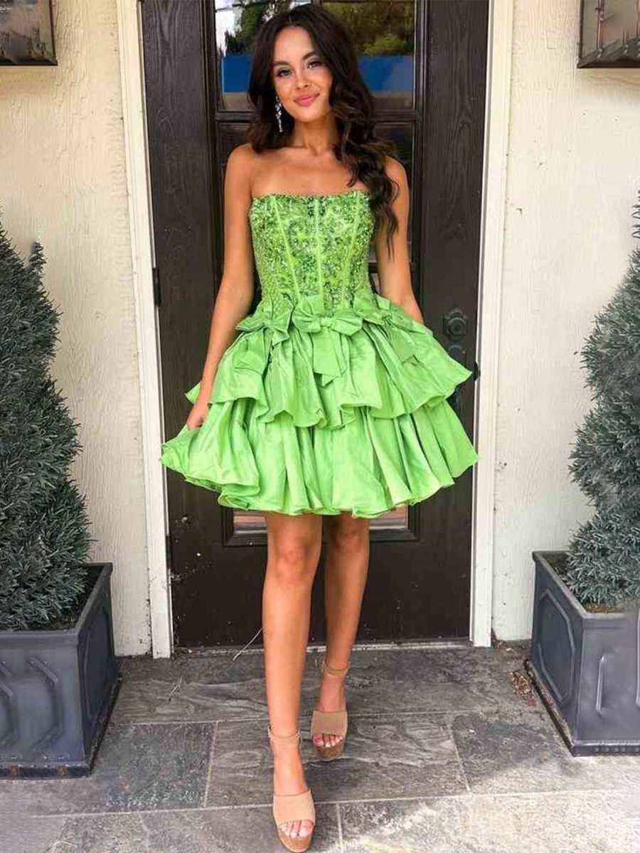 Quincy | Lime Green - Strapless Sequins A-Line Homecoming Dress With Bow