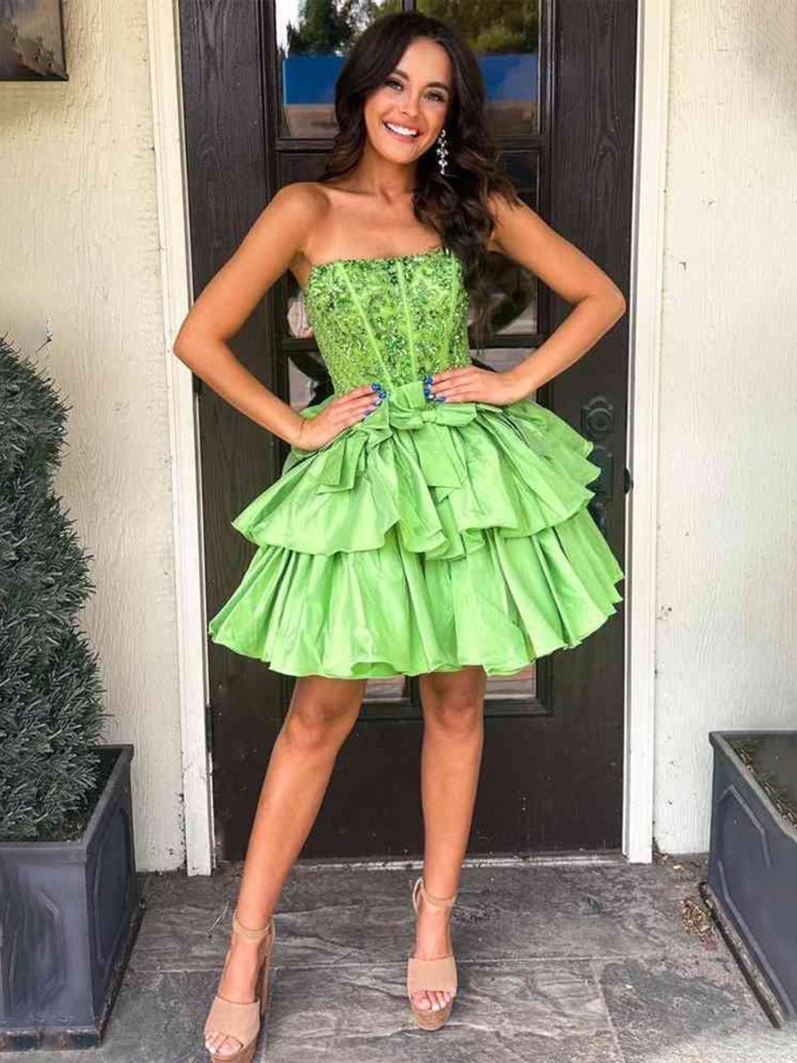 Quincy | Lime Green - Strapless Sequins A-Line Homecoming Dress With Bow