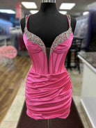 Quint | Fuchsia - V Neck Bodycon Satin Short Homecoming Dress With Beadings