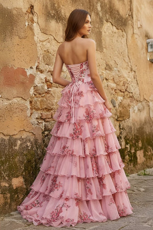 A Line Floral Blush Tiered Chiffon Long Corset Prom Dress with Slit - KissProm