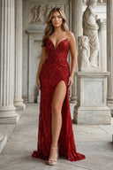 Red Sweetheart Mermaid Sequined Long Formal Prom Dresses With Slit - KissProm